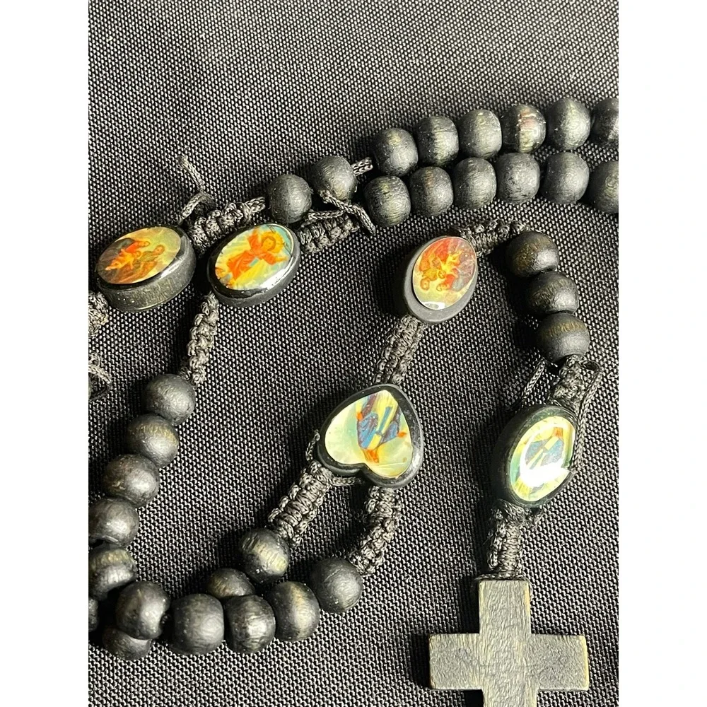 Black Wood Bead Rosary Necklace with Saint Icons and Crucifix Cross Pendant
